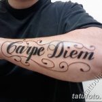 Фото тату надписи "Carpe Diem" с декоративными завитушками на предплечье мужчины. Черно-серый рисунок татуировки, выполненный в каллиграфическом стиле.