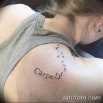 Фото татуировки 'Carpe Diem' с изображением летящих птиц на спине. Черно-белая татуировка, минималистичный стиль, символизм свободы.