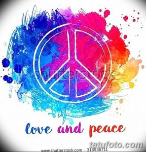 Фото татуировки: символ мира, выполненный в технике акварели с яркими брызгами краски. Необычный и красочный рисунок татуировки.