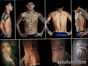 Фотография, демонстрирующая множество татуировок Неймара на различных частях тела: руки, спина, грудь, шея. Разнообразие стилей и сюжетов.