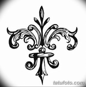 Эскиз татуировки флёр-де-лис, выполненный в черном цвете с использованием плавных линий и завитков, характерных для стиля олдскул.