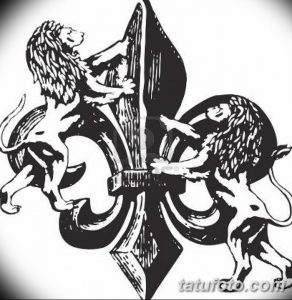 Черно-белый эскиз татуировки, изображающий флёр-де-лис, обрамленный двумя львами, символизирующими силу и благородство.