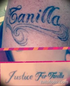 Фото татуировки с именем 'Canilla', выполненной в каллиграфическом стиле на руке. Черно-белый рисунок с изящными завитушками.