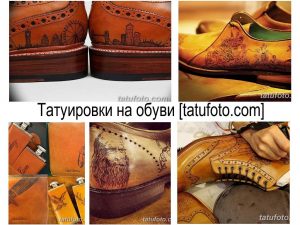 Коллаж фотографий кожаной обуви с различными татуировками, включая городские пейзажи, портреты и узоры.