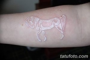 Фотография белой татуировки лошади на предплечье. Необычный и стильный выбор для тех, кто предпочитает оригинальные решения.