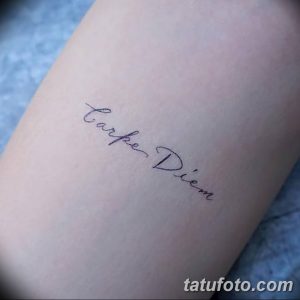 Фото тату: надпись 'Carpe Diem' изящным шрифтом на руке. Идеальный выбор для тех, кто ценит мотивационные татуировки и лаконичный дизайн.