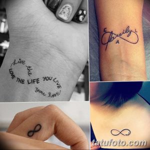 Фото коллажа с минималистичными татуировками: надпись 'live the life you love', символ бесконечности и надпись 'family'.
