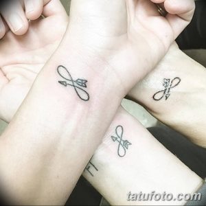 Фото парных татуировок на запястьях: символ бесконечности с изображением кошачьих силуэтов внутри. Минималистичный рисунок татуировки в черном цвете.