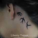 Фото минималистичной татуировки из двух ласточек, выполненной тонкими линиями за ухом.