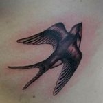 Фото тату ласточки на руке, выполненное в стиле минимализм с использованием черного цвета и легкой растушевки. Рисунок выглядит изящно и элегантно.