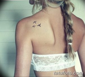 Фотография двух небольших татуировок ласточек на спине девушки. Изящные тату выполнены в минималистичном стиле, символизируя свободу и любовь.