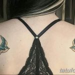 Фото тату двух ласточек на спине. Традиционный стиль татуировки с яркими цветами и четкими контурами. Классический дизайн для любителей старой школы.