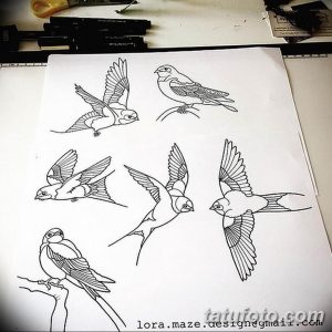 Фотография с несколькими эскизами татуировок ласточек, выполненных в различных стилях и техниках.