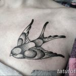 Черно-белая татуировка ласточки на груди, выполненная в технике dotwork. Рисунок состоит из множества точек, создающих эффект тени и объема.