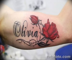 Фото тату: имя 'Olivia' написано красивым шрифтом, украшено двумя красными розами и зелеными листьями на предплечье.