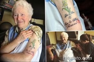 Фотография пожилой женщины с татуировкой нарциссов на руке и фотографиями процесса нанесения татуировки.