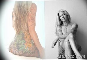 Фотография женщины с татуировкой тигра на спине и татуировками на руках.