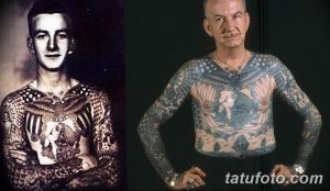 Фотография, демонстрирующая мужчину в молодости и старости, с татуировками на руках и теле. Сравнение татуировок во времени.