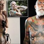 Фото пожилой женщины с татуировками на спине и пожилого мужчины с татуировками на теле, демонстрирующее красоту татуировок в любом возрасте.