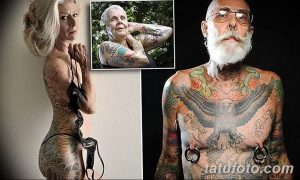 Фото пожилой женщины с татуировками на спине и пожилого мужчины с татуировками на теле, демонстрирующее красоту татуировок в любом возрасте.
