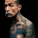 Фотография пожилого мужчины с татуировками на лице, шее и верхней части тела, демонстрирующего свою смелость и индивидуальность.