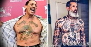 Фотография двух известных личностей, Роберта Де Ниро и мужчины с обширными татуировками, демонстрирующих свою любовь к тату-искусству.