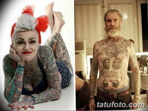 Фотография двух людей, женщины и мужчины, покрытых яркими и разнообразными татуировками, демонстрирующими их индивидуальность и любовь к тату-искусству.