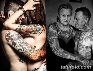 Фото тату пары, обнимающейся и демонстрирующей яркие, красочные татуировки на руках и теле. Идеально для поиска идей для парных тату.