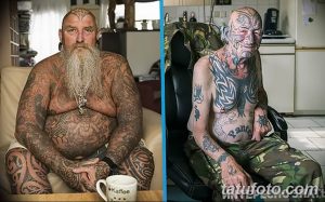 Фото пожилого мужчины с полностью покрытым татуировками телом, демонстрирующее его уникальный стиль и жизненный опыт.
