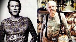 Фото тату: коллаж из двух фотографий одного и того же человека в молодости и старости, демонстрирующий эволюцию его татуировок.