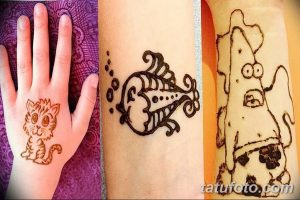 Фото тату мехенди на руке, демонстрирующее детские рисунки: котенка на ладони, рыбку и Спанч Боба на предплечье. Рисунки выполнены в простом стиле и предназначены для детей.
