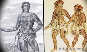 Коллаж из старинных иллюстраций, демонстрирующих традиционные татуировки различных культур, включая филиппинские и полинезийские.