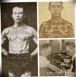 Коллаж из старинных фотографий, демонстрирующих татуировки на теле мужчины в начале 20 века.