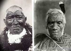Фотография двух мужчин с традиционными татуировками маори на лицах. Изображение демонстрирует культурное значение и красоту этих татуировок.