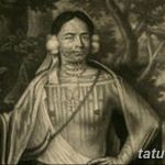 Старинное изображение коренного жителя с традиционными татуировками на лице и теле. Рисунок демонстрирует культурное наследие и ритуальное значение татуировок.