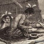 Старинная гравюра, изображающая процесс нанесения татуировки на тело человека, с использованием традиционных инструментов.