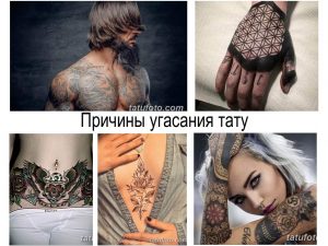 Коллаж из фотографий татуировок, демонстрирующих различные степени выцветания и угасания. Подчеркивается важность правильного ухода.