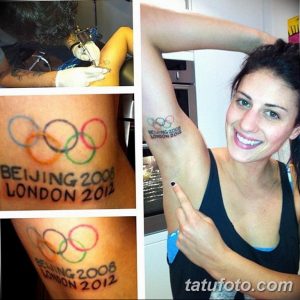 Фото тату олимпийских колец с надписью 'Beijing 2008 London 2012' на руке, символизирующее участие в Олимпийских играх.
