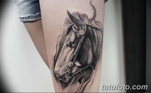 Фото реалистичной татуировки головы лошади на бедре. Детализированный рисунок татуировки в черно-серых тонах с проработкой шерсти и мускулатуры.