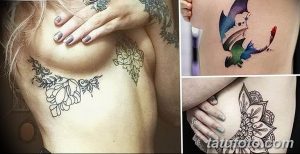 Фото тату: черные контурные цветочные узоры, расположенные на груди и плече женщины. Детализированный рисунок татуировки с орнаментальными элементами.