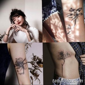 Коллаж из четырех фотографий цветочных татуировок: цветок на руке, ветка с цветами на плече, бутон на предплечье и композиция из цветов на спине.