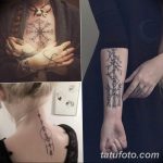Коллаж из четырех фотографий татуировок: руны на шее, кельтский узор на груди, руны на спине и сложный орнамент на руке.