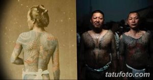 Коллаж из двух фотографий, демонстрирующих эволюцию японских татуировок Ирэзуми. Слева старинное изображение, справа современное.