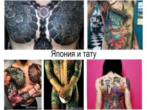 Коллаж из фотографий японских татуировок в стиле Ирэзуми, демонстрирующих драконов, карпов кои, гейш и другие традиционные мотивы.