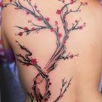 Фото тату цветущей сакуры на спине, выполненное в черном и красном цветах. Рисунок татуировки изображает ветви сакуры с нежными розовыми цветами.