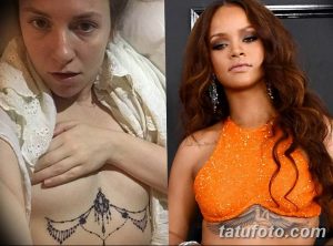 Фото тату: сравнение татуировки в виде кружевного узора под грудью у Rihanna и другой девушки. Изящный рисунок татуировки.