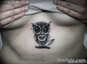 Фото тату: Маленькая черно-серая татуировка с изображением совы, сидящей на ветке, расположенная под грудью.