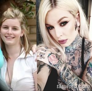 Фотография демонстрирует преображение девушки с минимальным количеством татуировок до полного покрытия тела сложными рисунками в стиле реализм.