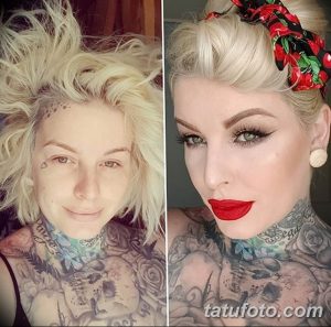 Фотография девушки в двух вариантах: слева без макияжа и татуировок, справа с ярким макияжем и обилием татуировок на шее и плечах.