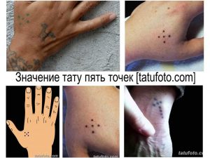 Фотографии татуировок с пятью точками на различных частях тела: руке, ладони, запястье. Схематичное изображение расположения точек на руке.
